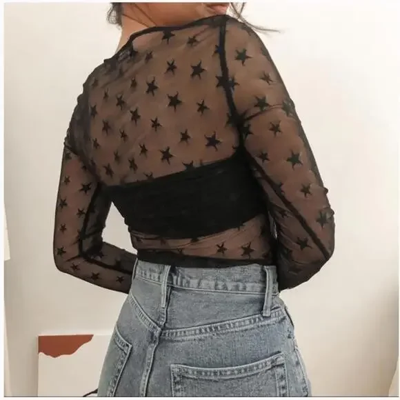 Zara Long Sleeve Stars Overlay Mesh Shirt - Picture 3 of 6